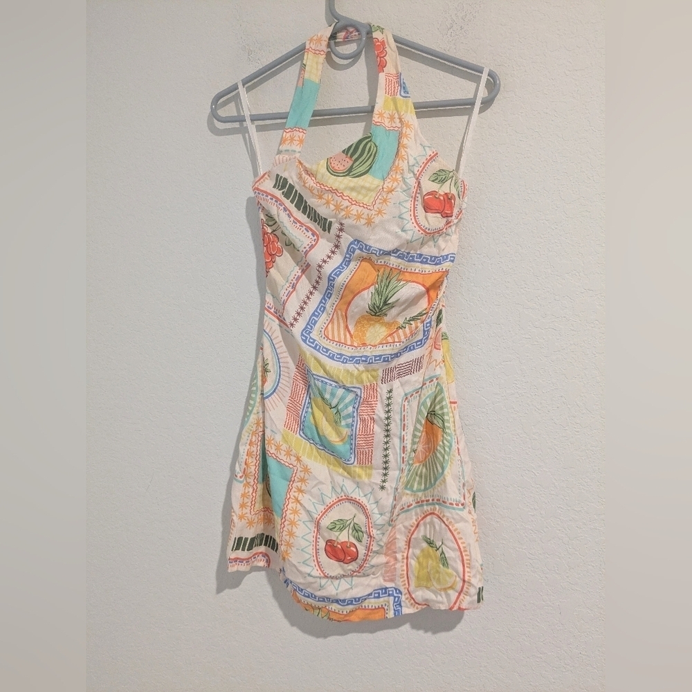 Seven Wonders Colorful Fruit Print Asymmetric Halter Fitted Agata Mini Dress - Picture 7 of 13